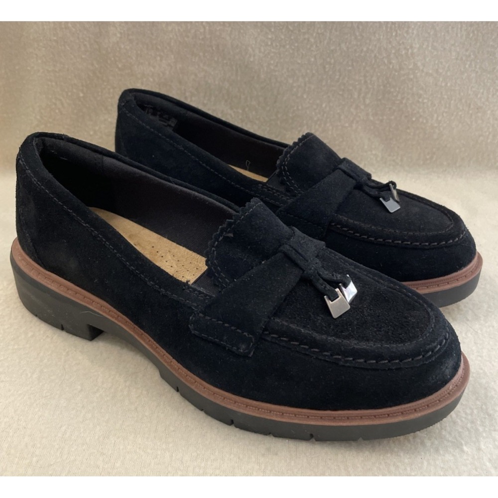 Clarks Collection Black Suede Leather Loafer Tassel Westlynn Bella Womens 7